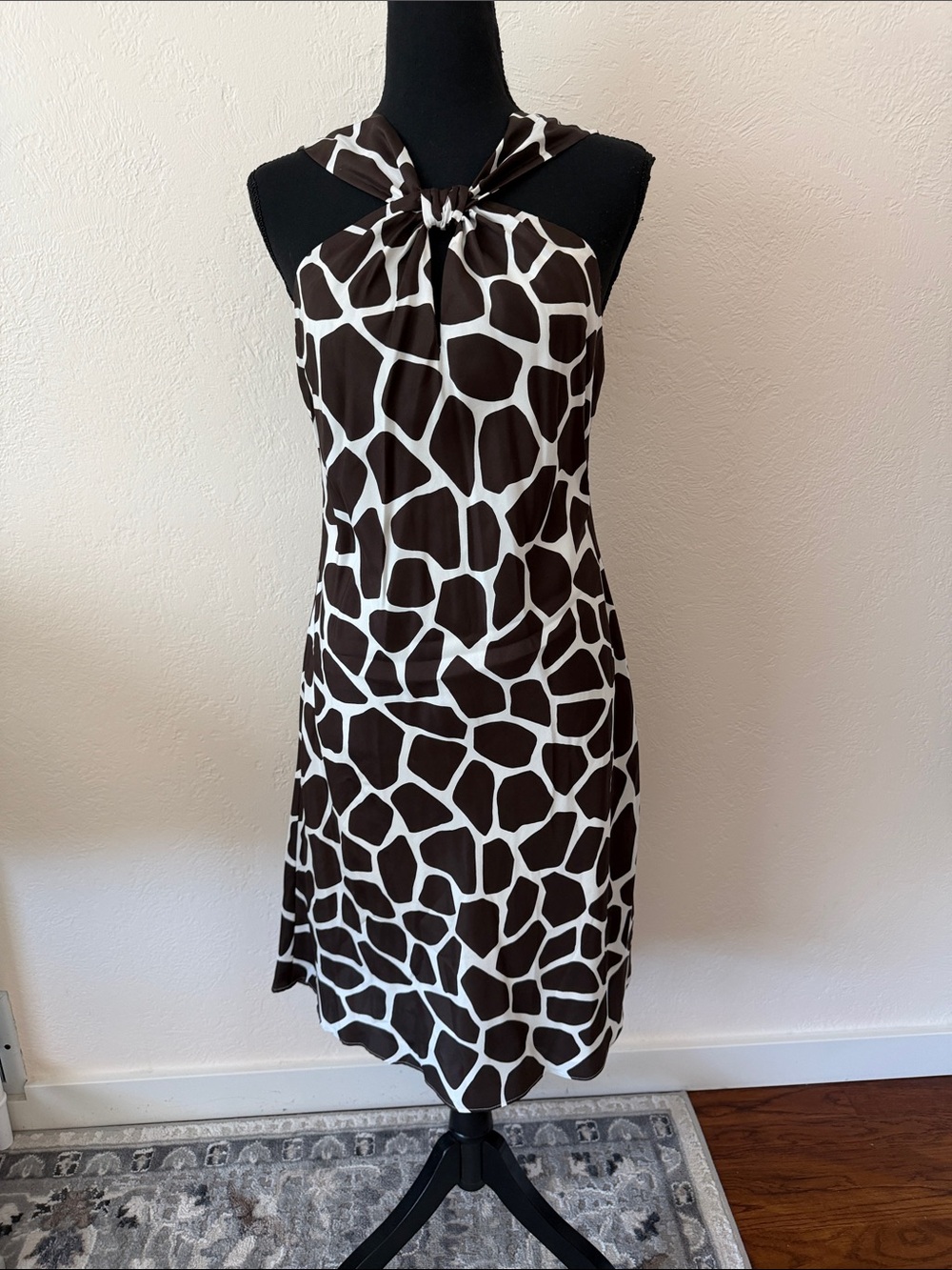 VINTAGE BANANA REPUBLIC SILK Sleeveless Brown & White Giraffe Print Halter Dress